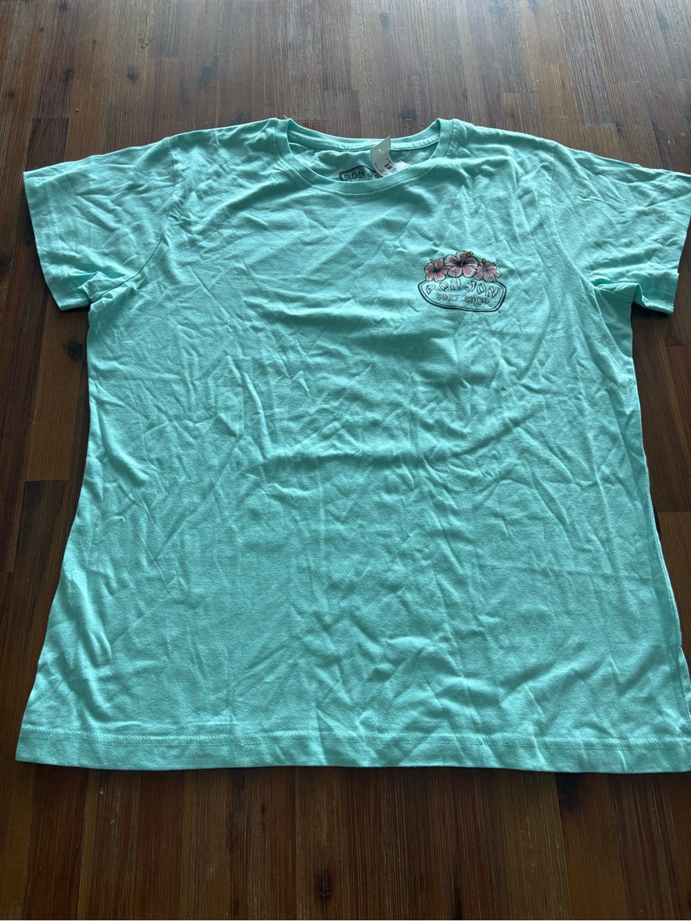 Ron Jon Seafoam Green Short Sleeve Tee with Pink Floral Logo NWT